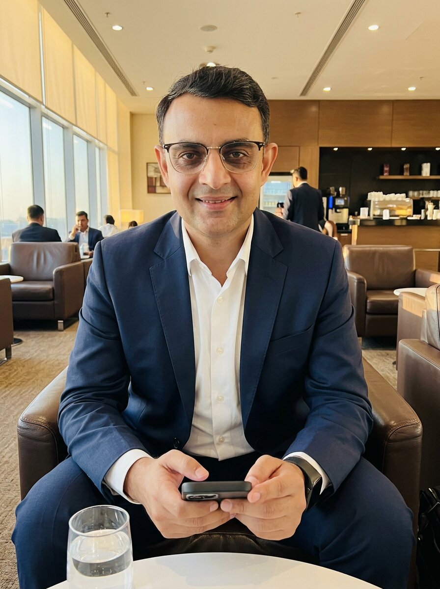 Mohit Minocha of SouthDelhiFloors in a navy suit taking a call in an airport business lounge &mdash; NRI property consultation