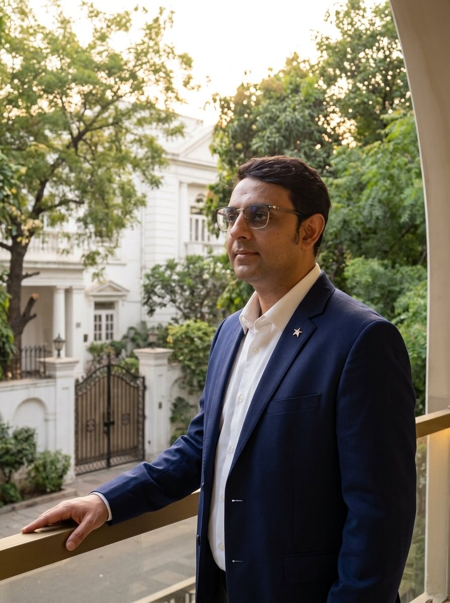 Mohit Minocha of SouthDelhiFloors outside a stately old South Delhi bungalow &mdash; freehold versus leasehold property