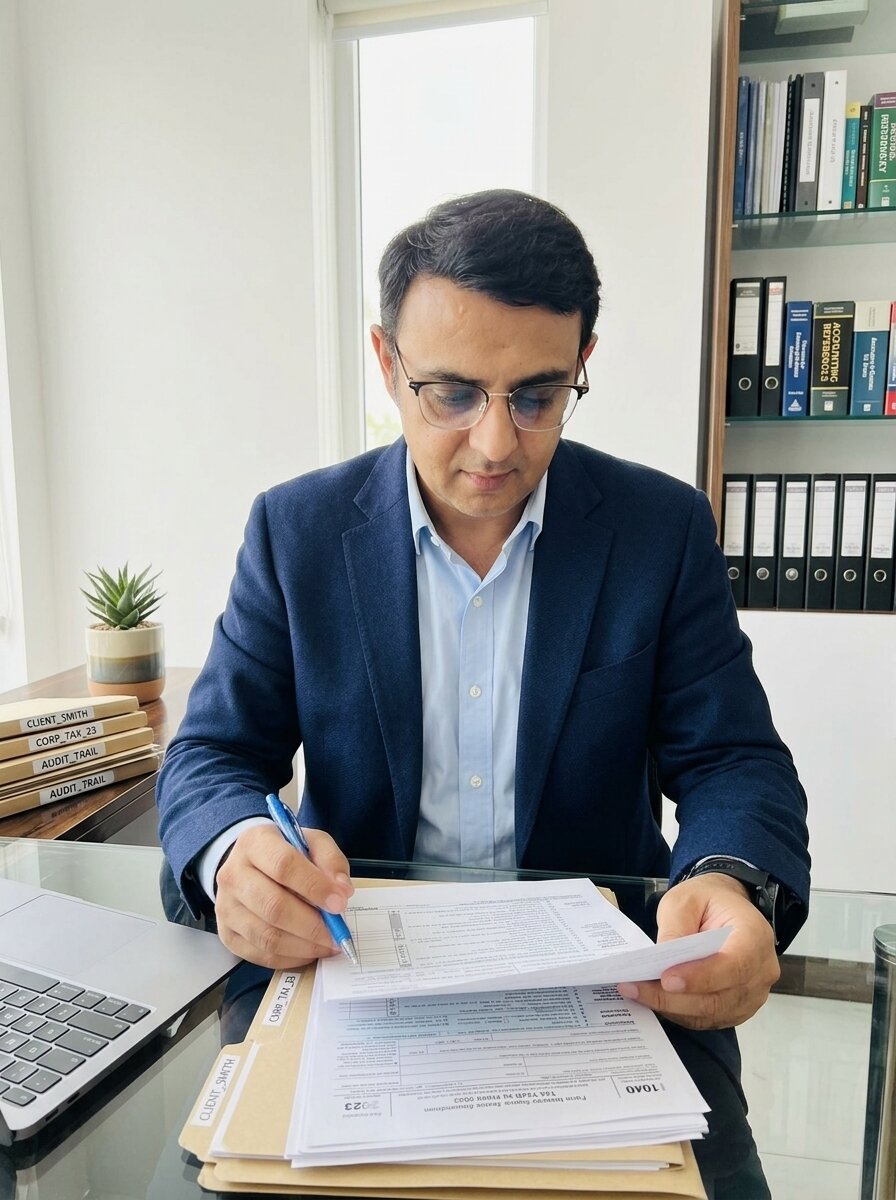 Mohit Minocha of SouthDelhiFloors in a navy blazer reviewing rental income tax files at his desk