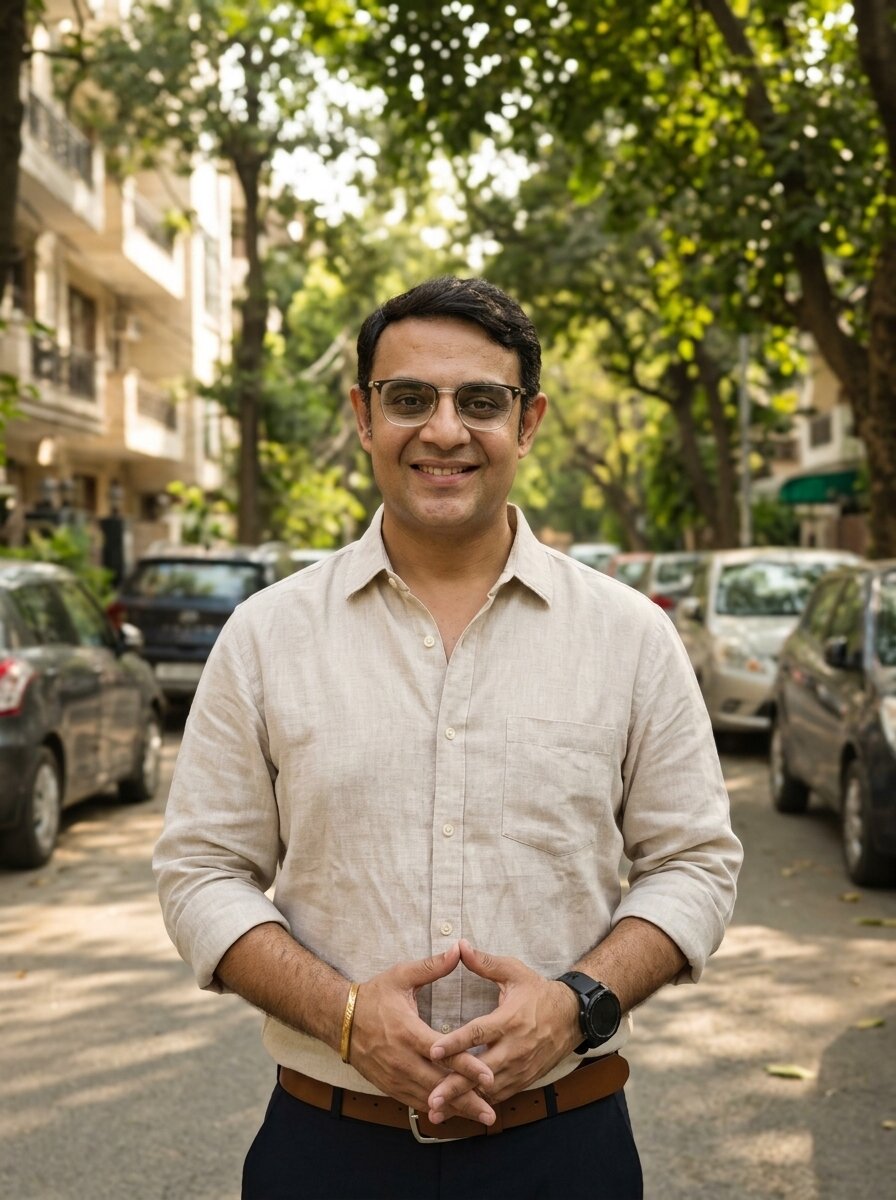 Mohit Minocha of SouthDelhiFloors on a leafy South Delhi colony street lined with builder floors &mdash; rent versus buy