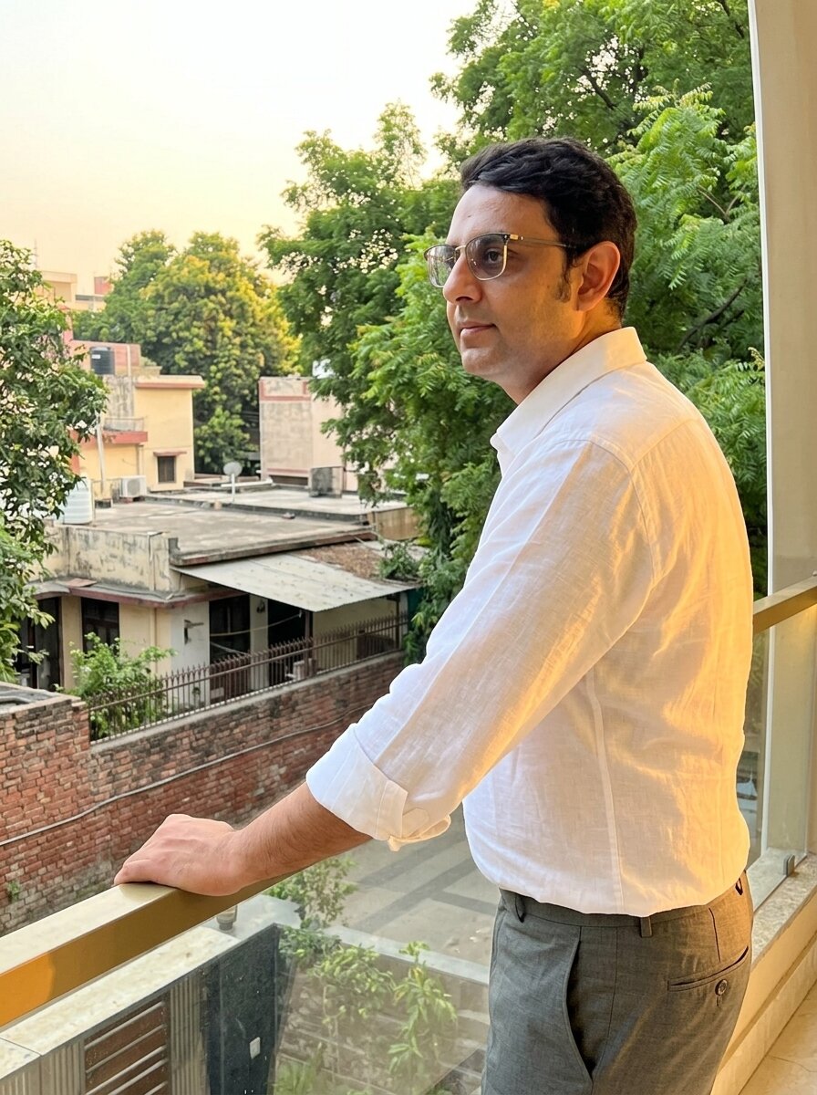Mohit Minocha of SouthDelhiFloors on a South Delhi terrace overlooking colony rooftops — plot versus builder floor