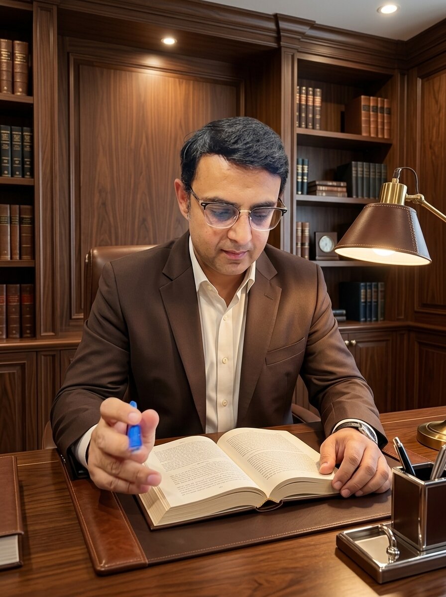 Mohit Minocha of SouthDelhiFloors in a brown suit reading at his office desk — Delhi Rent Control Act guide