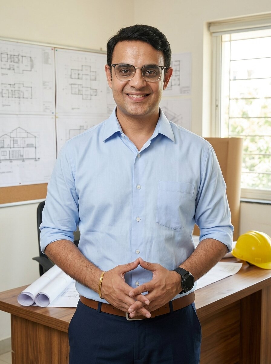 Mohit Minocha of SouthDelhiFloors at a builder project site office with architectural drawings &mdash; booking an under-construction floor