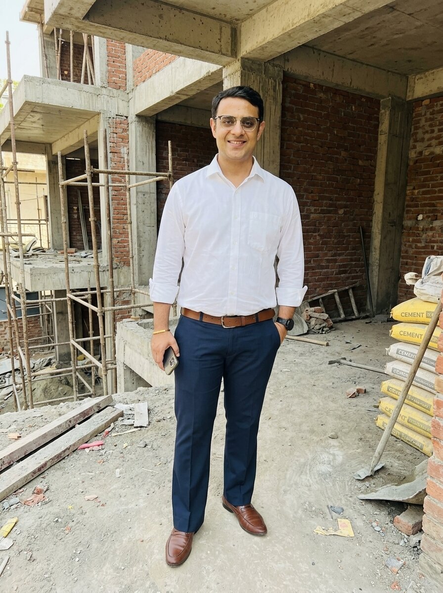 Mohit Minocha of SouthDelhiFloors standing at an under-construction South Delhi builder floor site