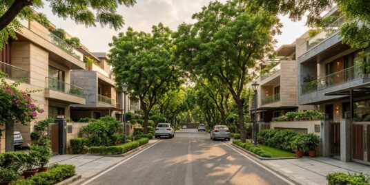 Property in Neeti Bagh — luxury builder floors on a tree-lined street in South Delhi