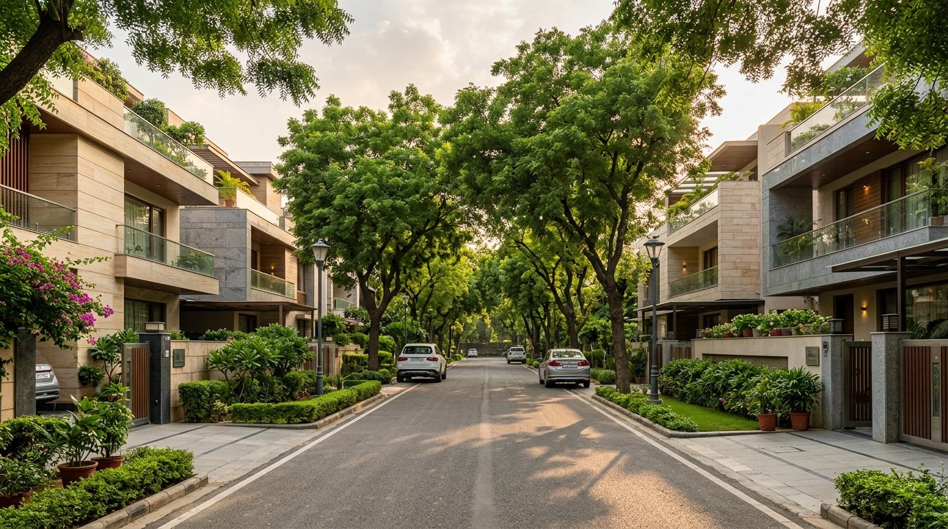 Property in Neeti Bagh &mdash; luxury builder floors on a tree-lined street in South Delhi