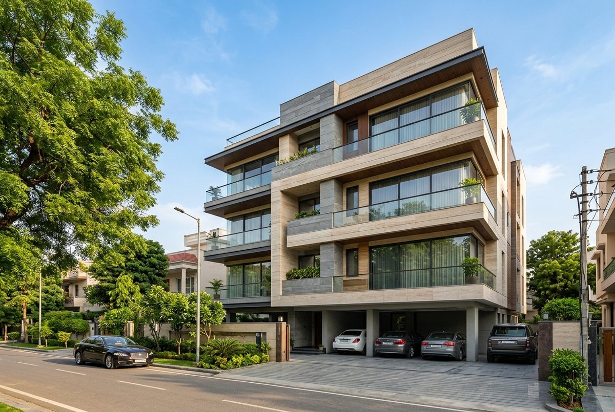 Modern luxury builder-floor facade in Neeti Bagh, South Delhi