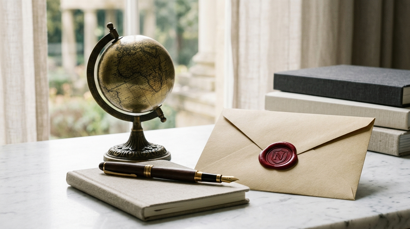 NRI property in South Delhi FAQs &mdash; antique brass desk globe, fountain pen and wax-sealed document envelope on white marble, answered by SouthDelhiFloors