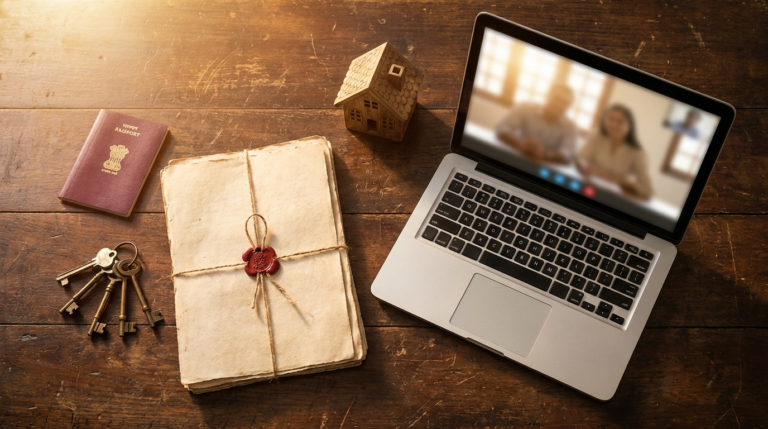 NRI selling property in India &mdash; passport, house keys and sale deed papers on a desk beside a video call to a Delhi home