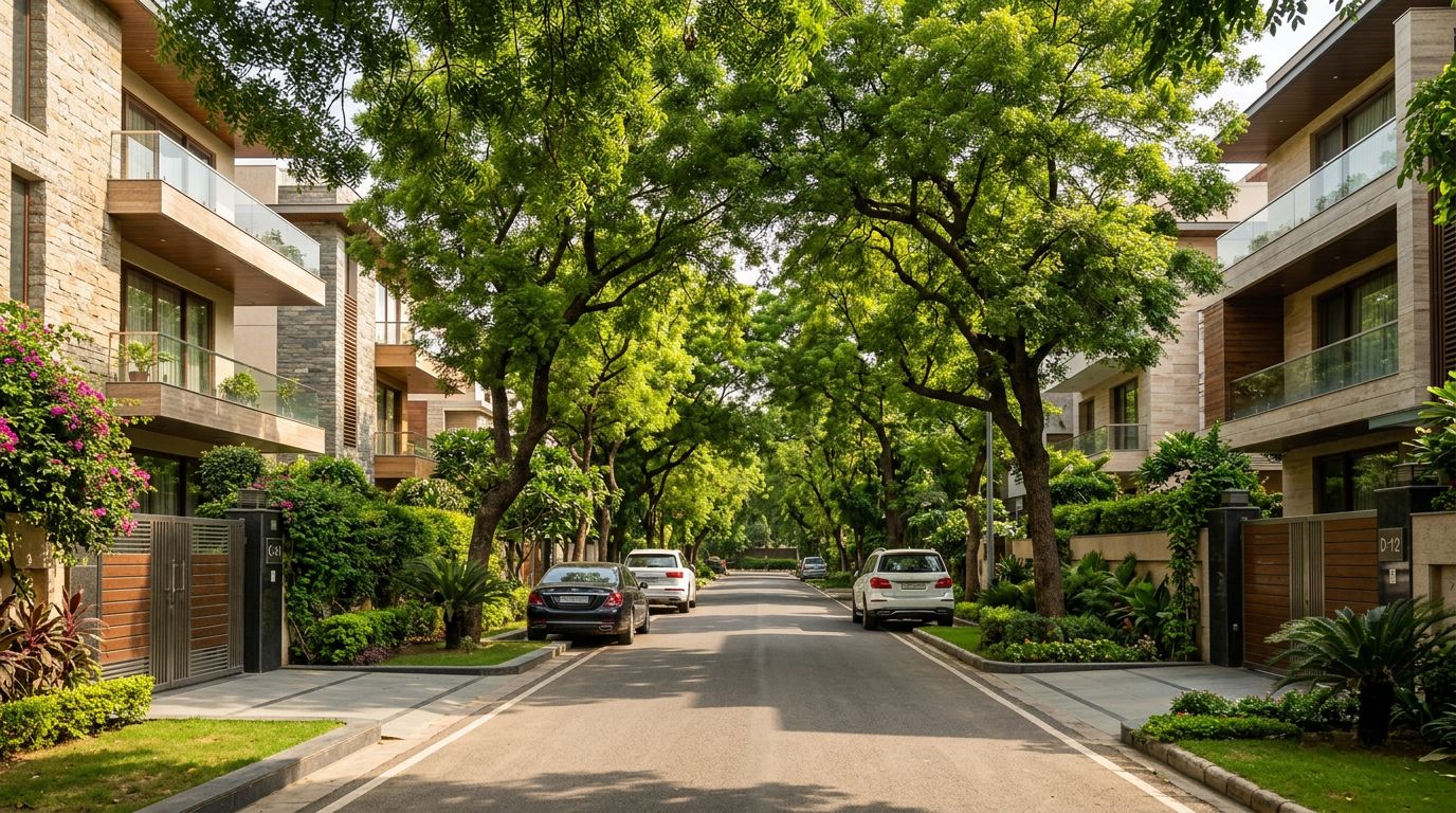 Property in Panchsheel Park &mdash; luxury builder floors on a tree-lined street in South Delhi