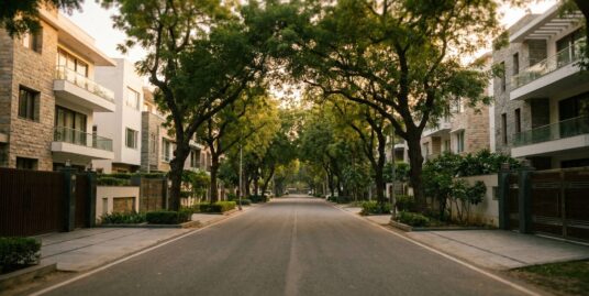 Panchsheel Park builder floors on a tree-lined street in South Delhi