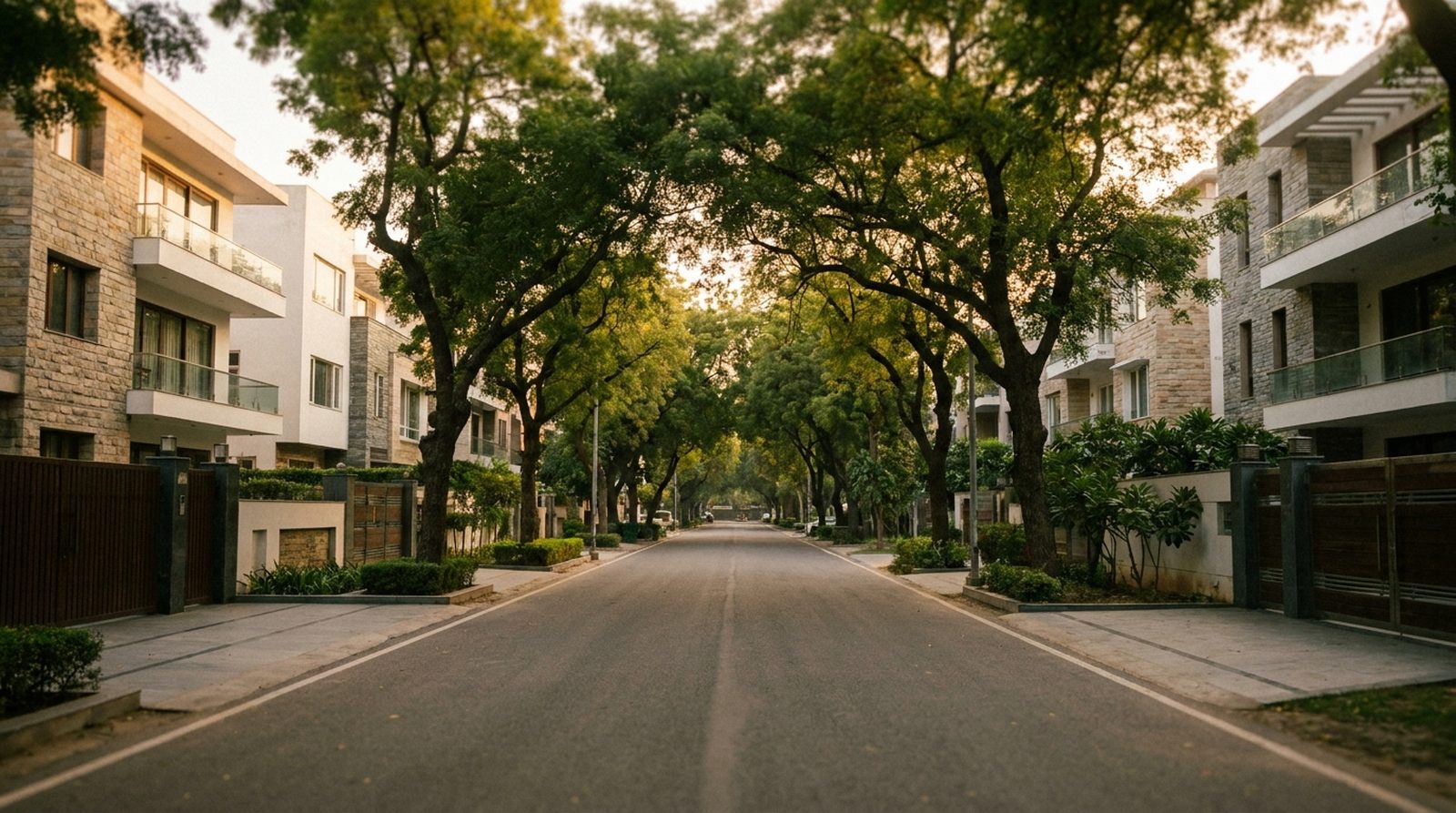 Panchsheel Park builder floors on a tree-lined street in South Delhi
