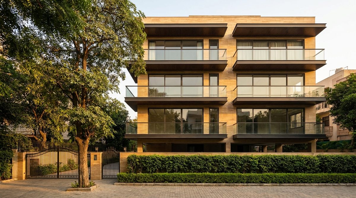 Modern luxury builder-floor facade in Panchsheel Park, South Delhi