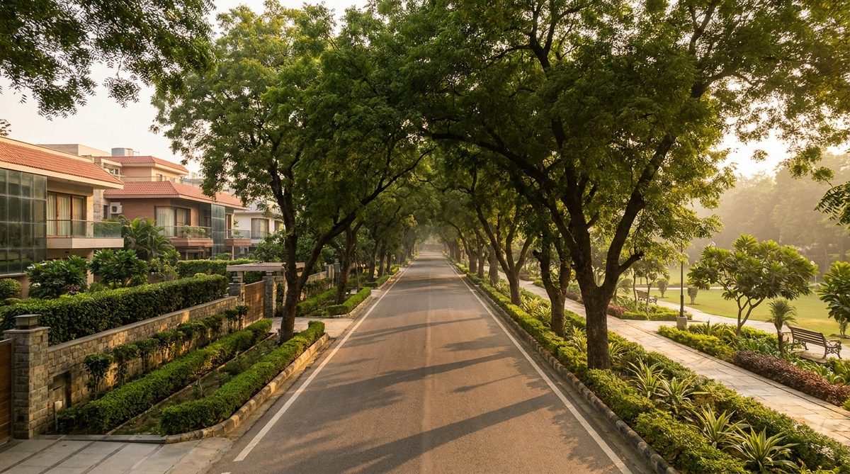 Tree-lined green avenue in the Panchsheel Park colony, South Delhi