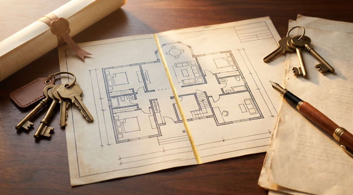 Partition deed stamp duty Delhi — a family home's floor plan divided by a gold line with two sets of keys and deed papers