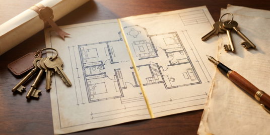 Partition deed stamp duty Delhi — a family home's floor plan divided by a gold line with two sets of keys and deed papers
