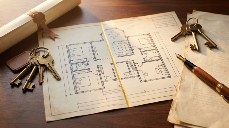 Partition deed stamp duty Delhi &mdash; a family home's floor plan divided by a gold line with two sets of keys and deed papers