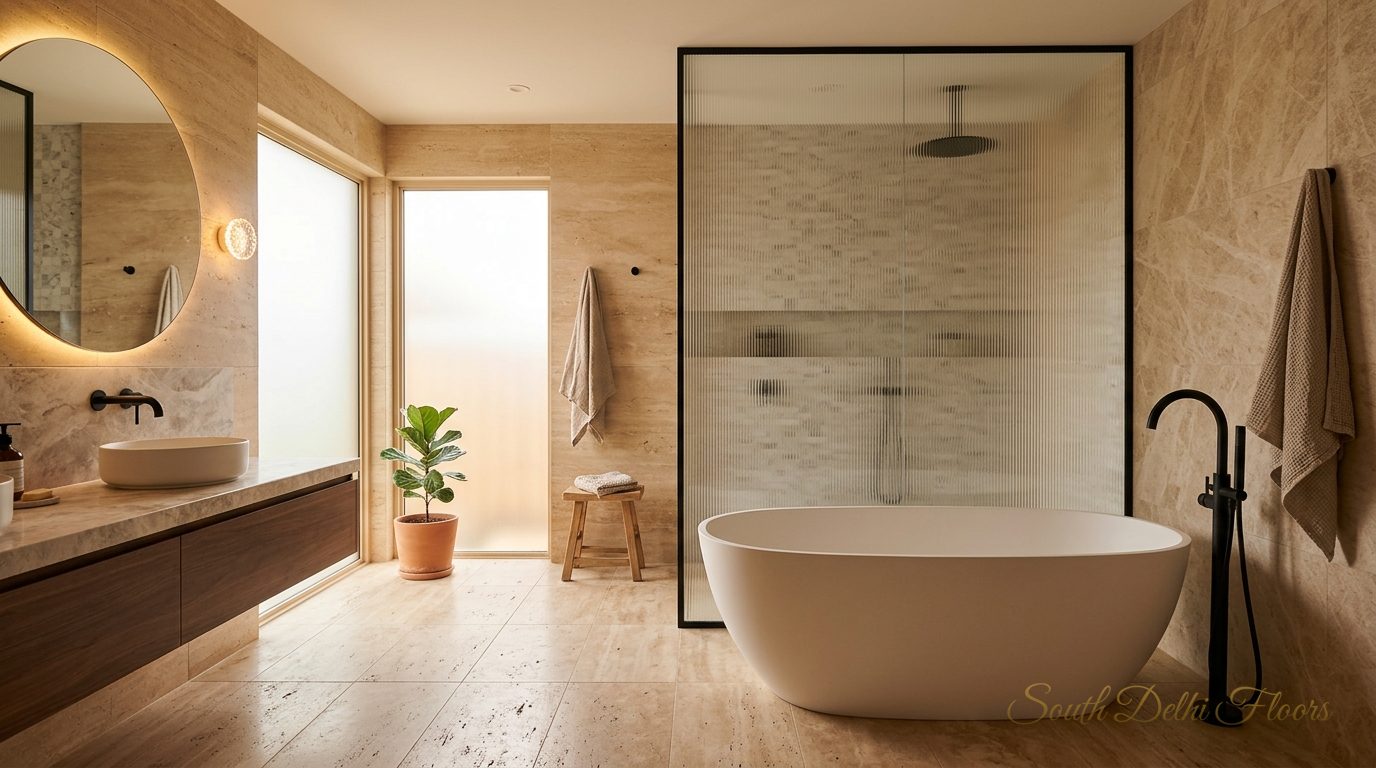 Travertine spa bathroom with a rain shower