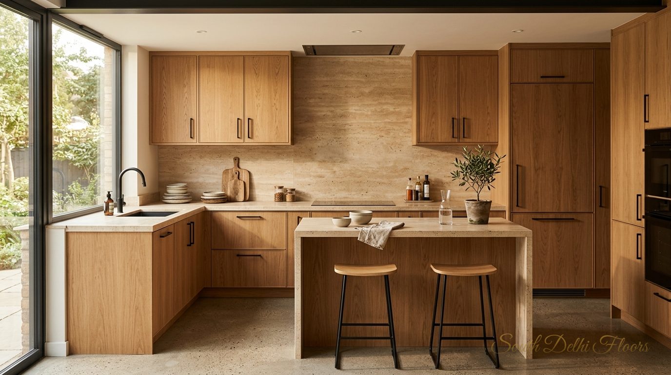 Warm oak-and-travertine kitchen in a Chanakyapuri penthouse