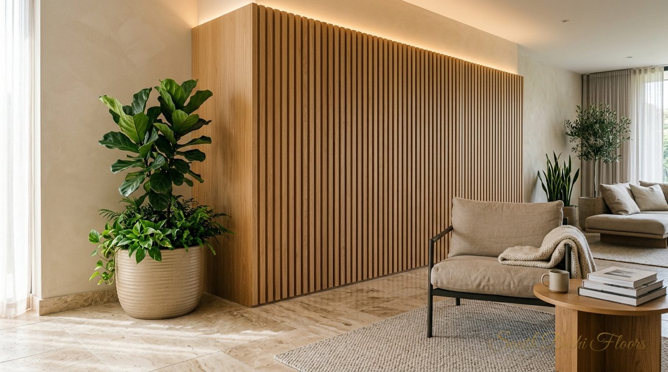 Travertine living space with oak panelling