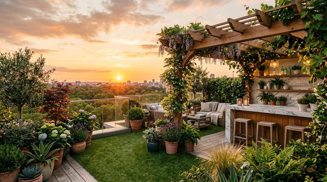 Loaded interconnected terrace garden of a penthouse in Chanakyapuri at golden hour