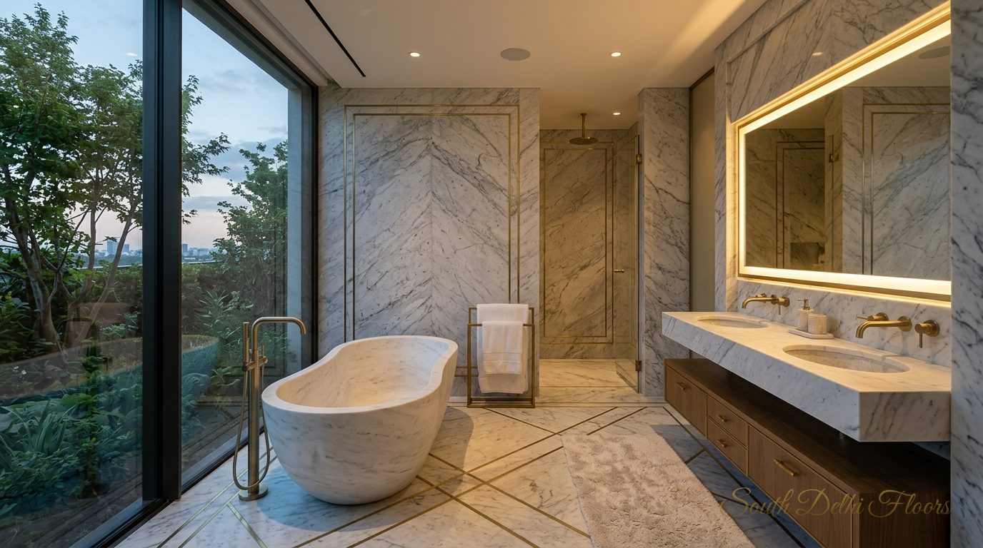 Grey-and-white marble master bathroom with brass fittings