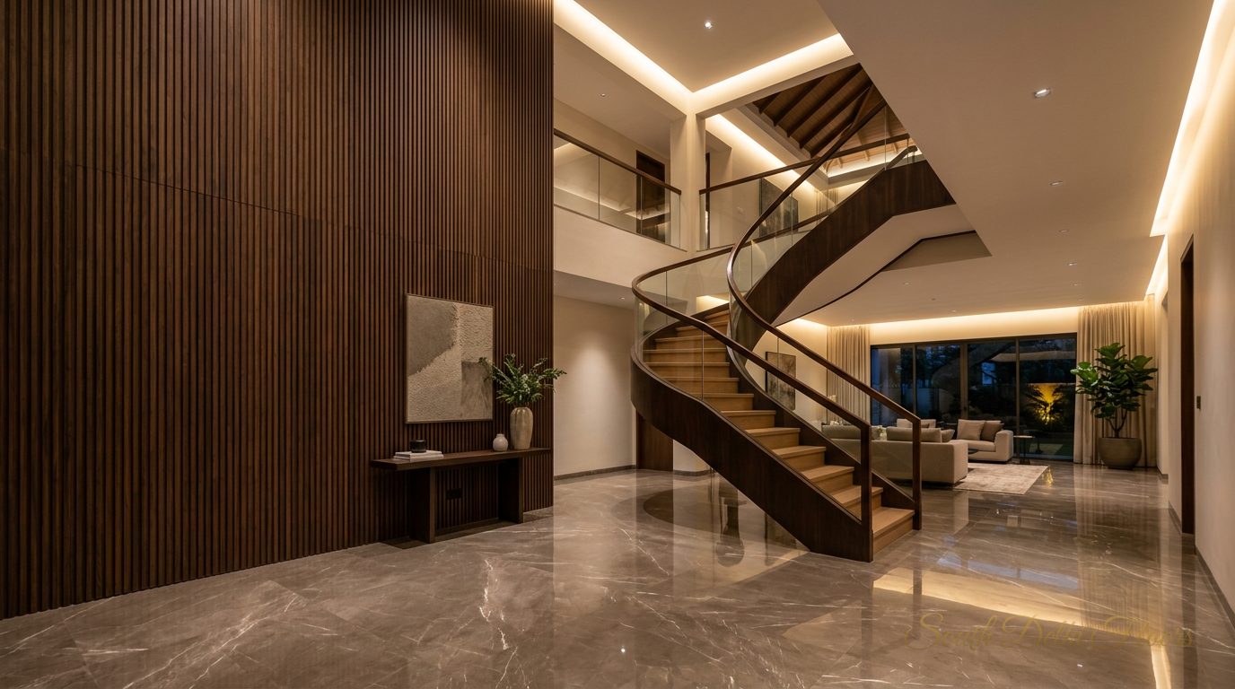 Grey marble living hall with walnut panelling in a penthouse in Greater Kailash 2