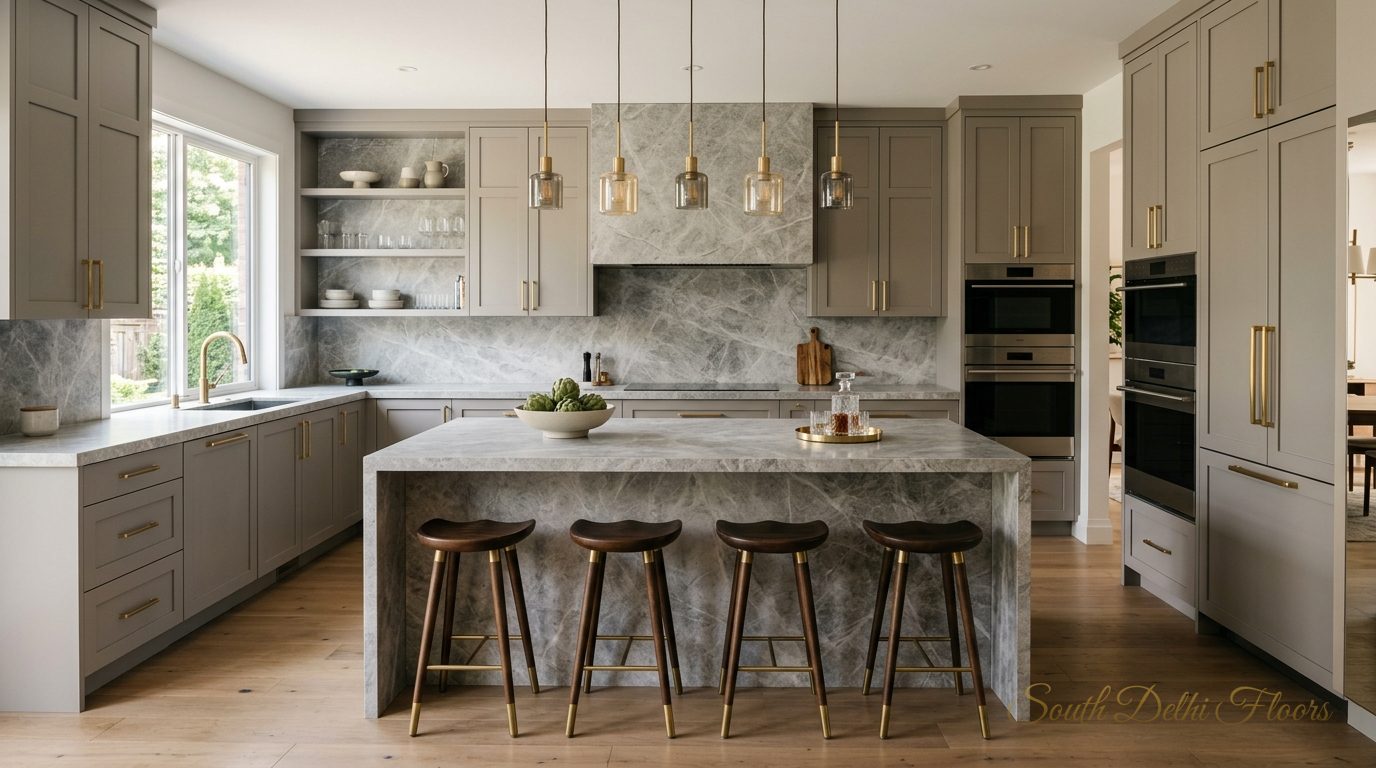 Modular kitchen with grey marble and brass in a Greater Kailash 2 penthouse