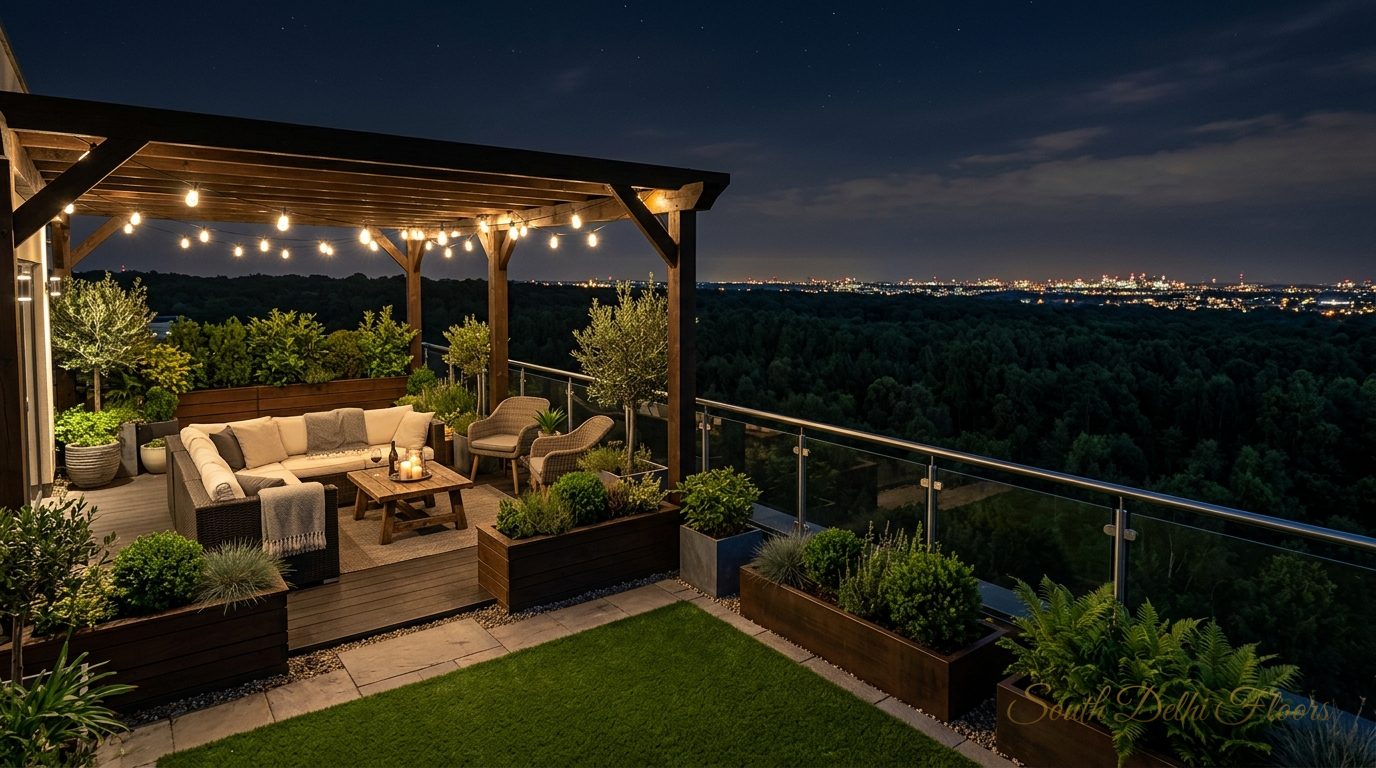 Private terrace garden of a penthouse in Greater Kailash 2 at night over the forest