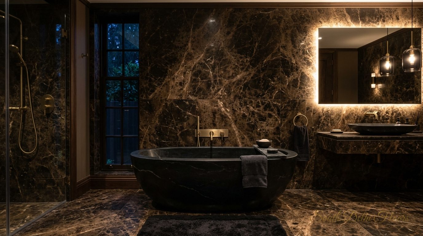 Dark marble bathroom with brass fittings