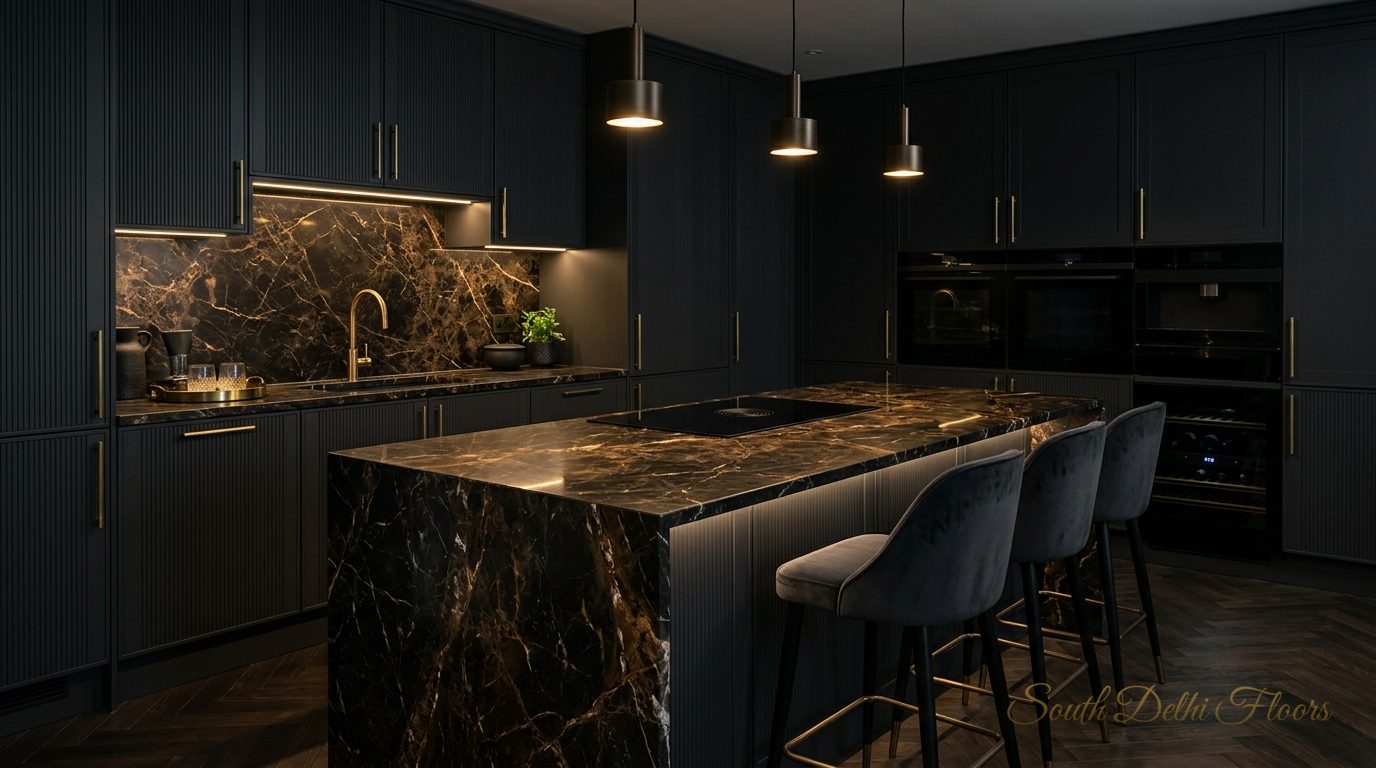Dark Emperador marble kitchen in a Vasant Vihar penthouse
