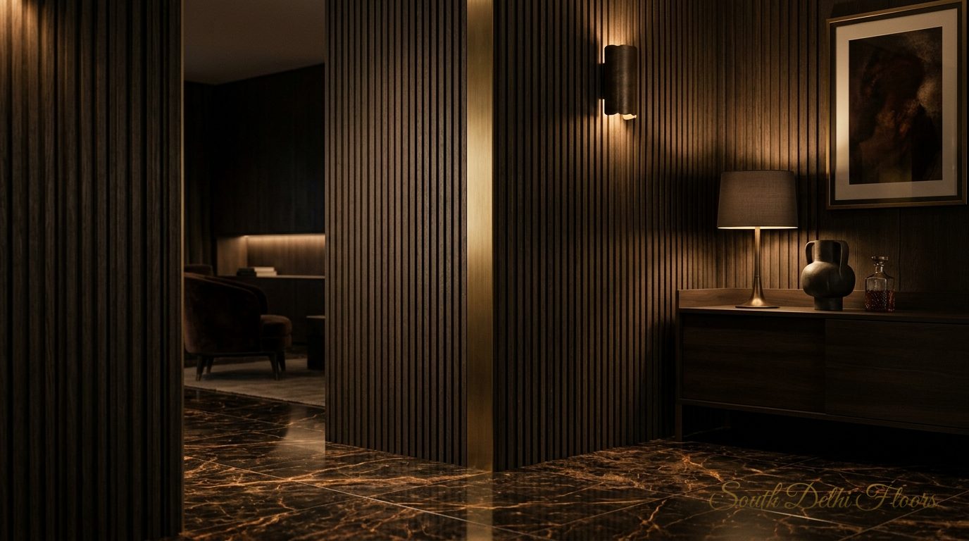 Moody dark marble living space in a penthouse in Vasant Vihar