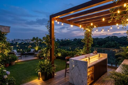 Interconnected terrace garden at dusk with a lit pergola and marble bar in a penthouse in Vasant Vihar, Poorvi Marg, South Delhi