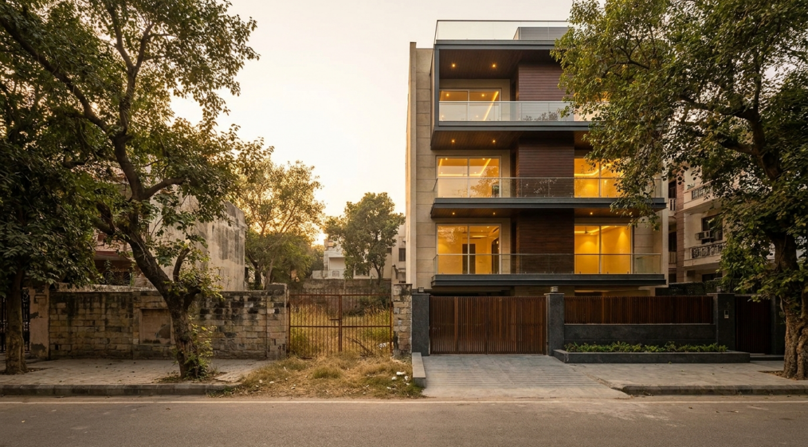 Plot vs builder floor — a vacant South Delhi residential plot beside a finished modern builder floor at dusk