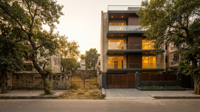 Plot vs builder floor &mdash; a vacant South Delhi residential plot beside a finished modern builder floor at dusk