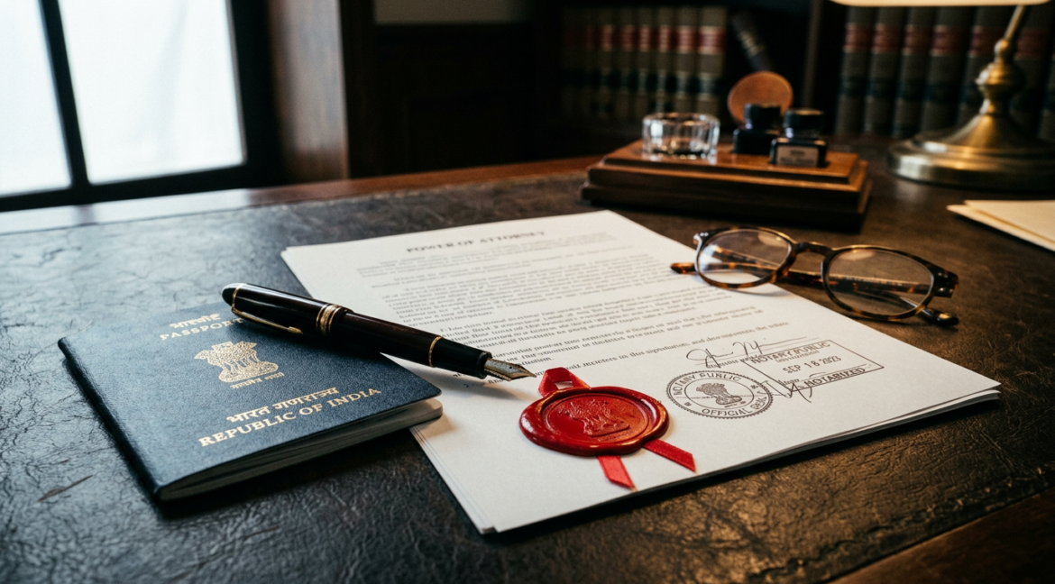 Power of attorney for property in Delhi — a GPA document with notary seals beside an Indian passport