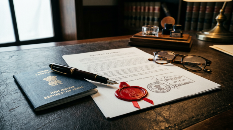 Power of attorney for property in Delhi &mdash; a GPA document with notary seals beside an Indian passport
