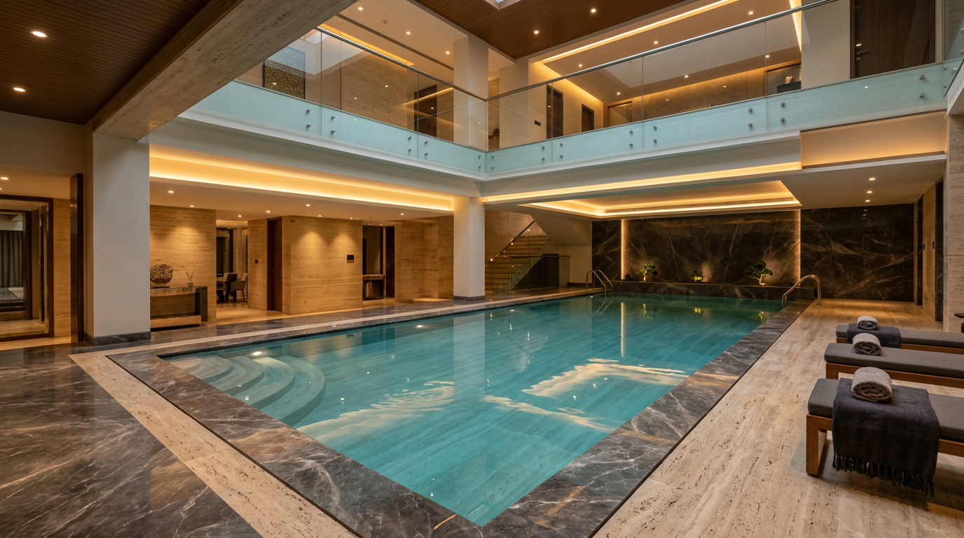 Private swimming pool in a luxury basement-ground duplex builder floor in Panchsheel Park, South Delhi