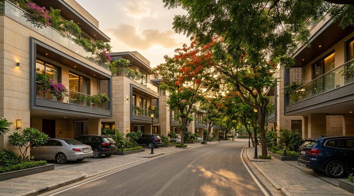 Property in Defence Colony — tree-lined street of modern builder floors in South Delhi