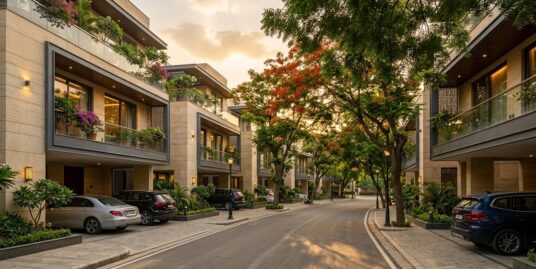 Property in Defence Colony — tree-lined street of modern builder floors in South Delhi