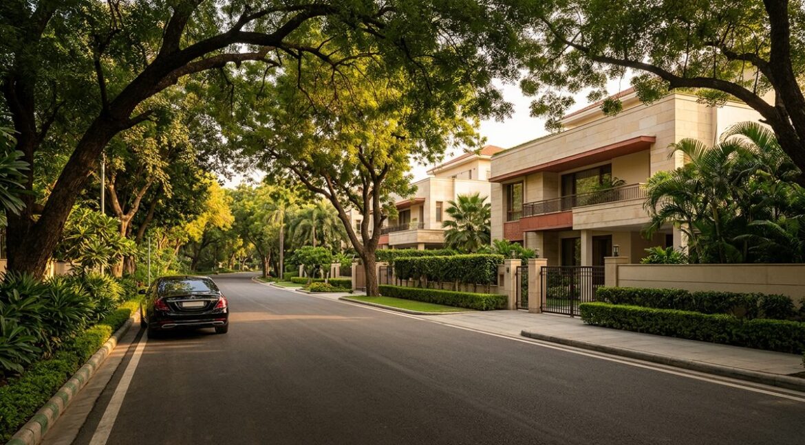 Property in Vasant Vihar — wide tree-lined diplomatic-belt avenue with large luxury homes
