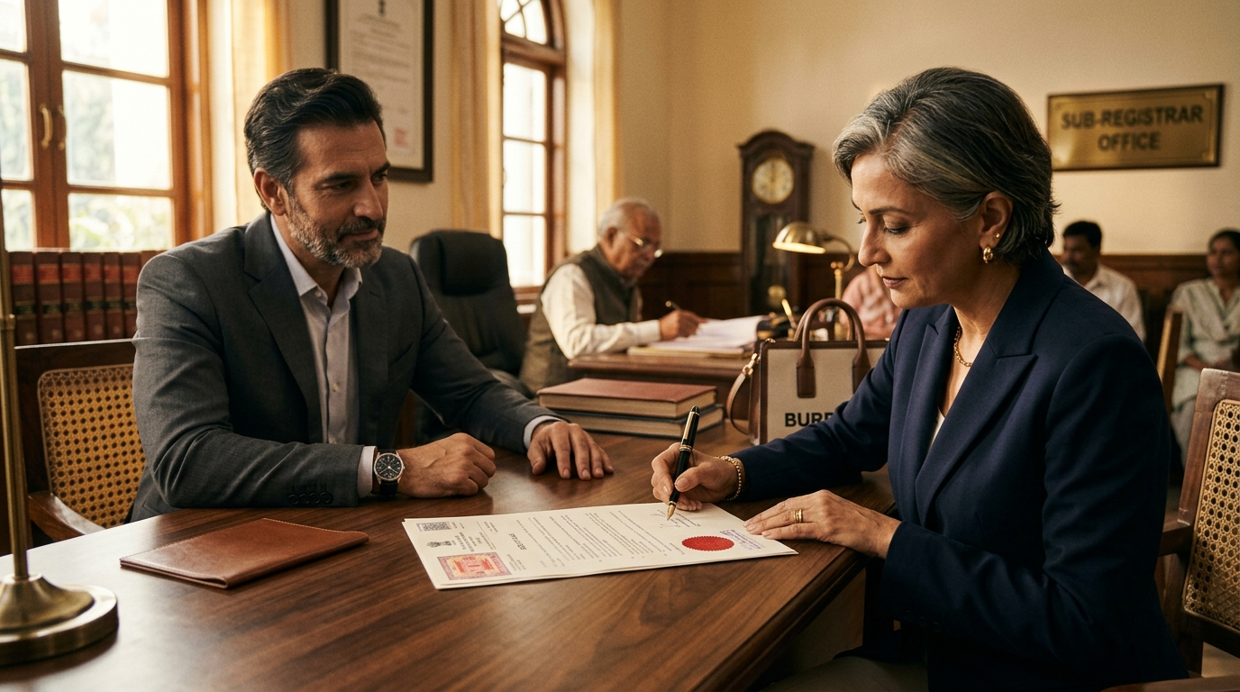 Signing a sale deed during property registration at a Delhi sub-registrar office with e-stamp certificate