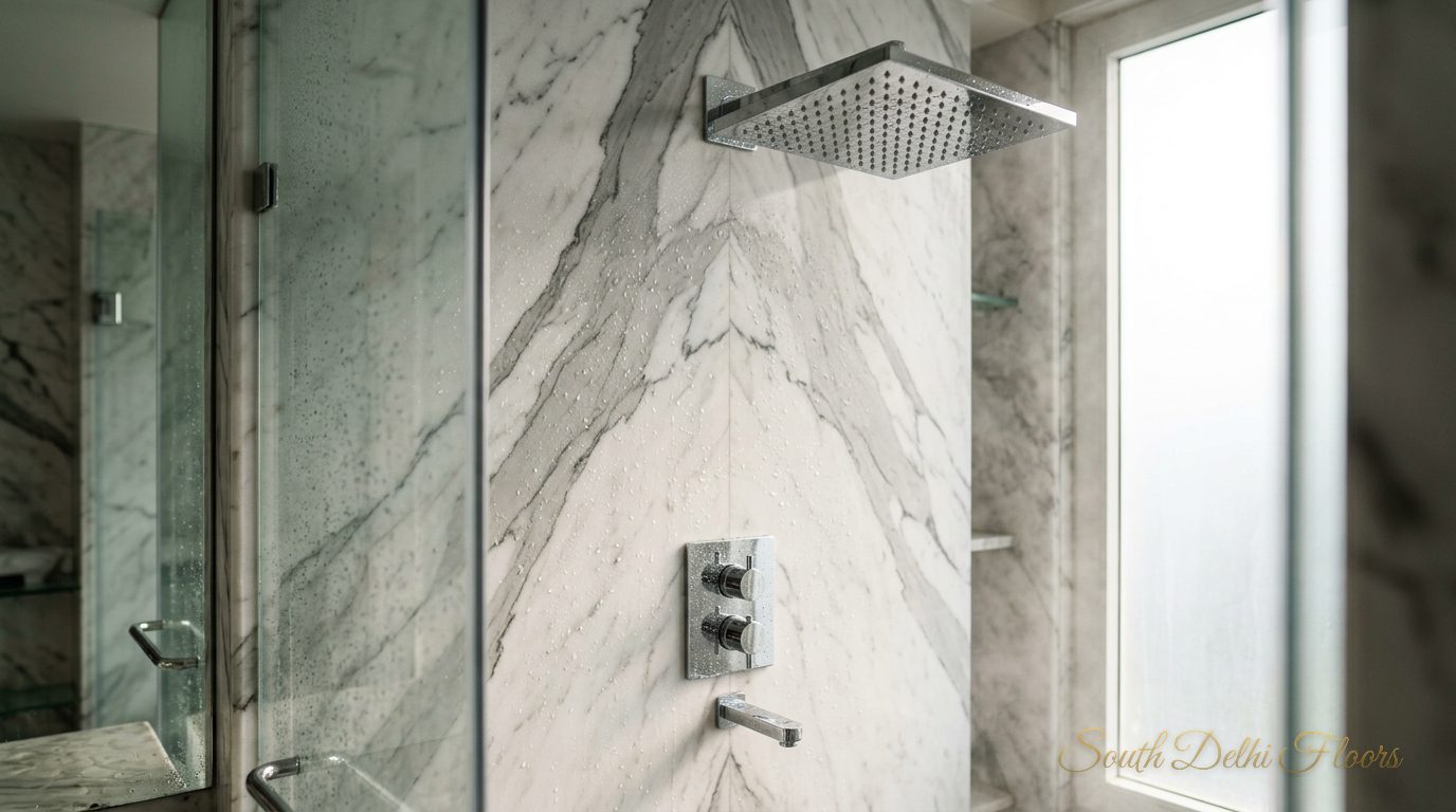 Rain shower and premium bathroom fittings set against European marble in the Geetanjali Enclave builder floor.