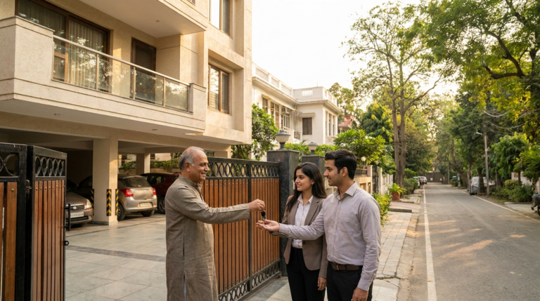Rent agreement registration in Delhi &mdash; landlord handing keys to tenants at a South Delhi builder floor