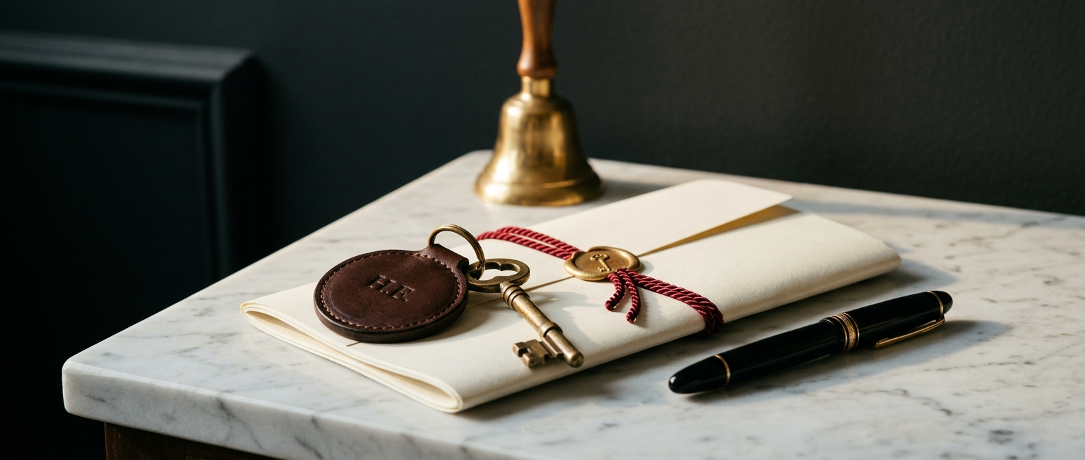 Renting property in South Delhi FAQs &mdash; brass key with leather fob on a folded lease with fountain pen on marble, answered by SouthDelhiFloors