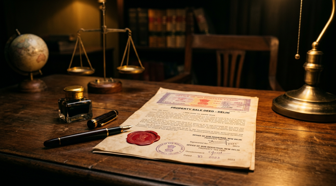 Sale deed vs agreement to sell vs GPA in Delhi — a registered sale deed with stamp papers and seal on a lawyer's desk