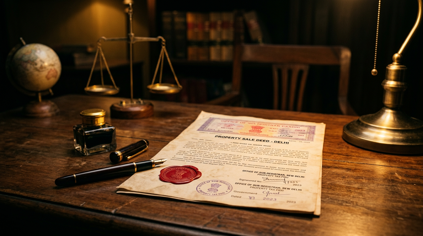 Sale deed vs agreement to sell vs GPA in Delhi &mdash; a registered sale deed with stamp papers and seal on a lawyer's desk