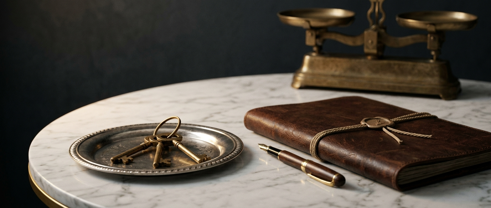 Selling property in South Delhi FAQs &mdash; house keys on a silver tray with fountain pen and folio on marble, answered by SouthDelhiFloors