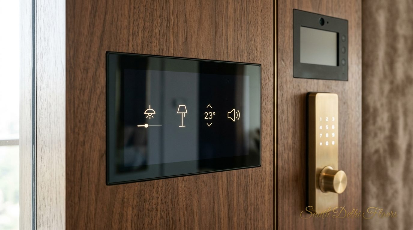 Smart home automation panel, digital door lock and video door phone at the builder floor in Geetanjali Enclave.