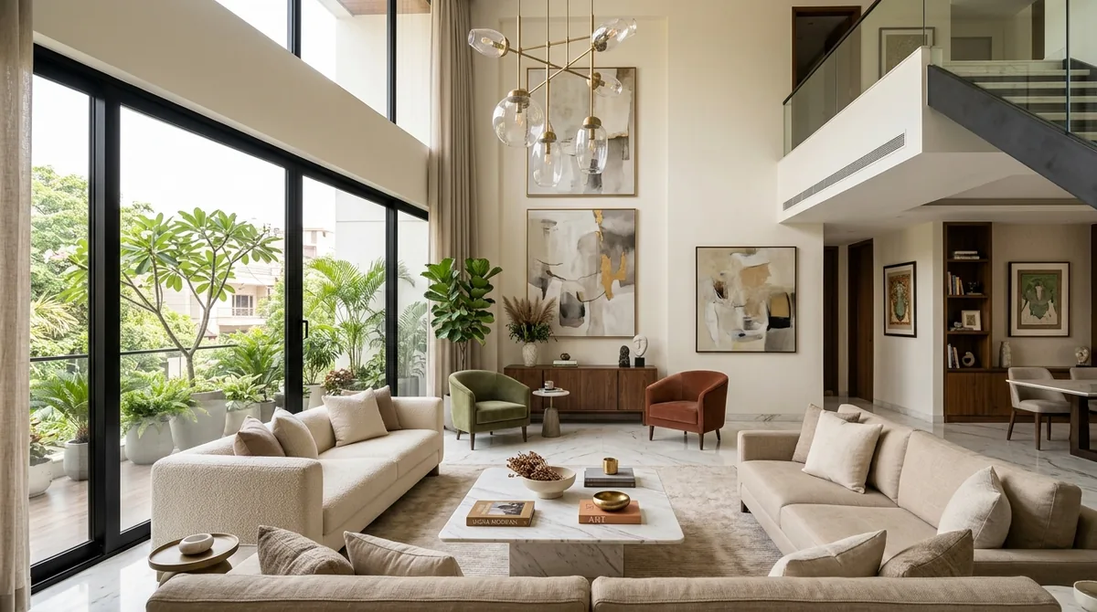 Bright, luxurious South Delhi builder-floor living room with marble floors and designer furniture